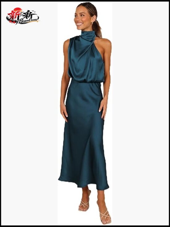 Dresses & Skirts - Halter Neck Midi Dress with Asymmetric Neckline and Back Zip
